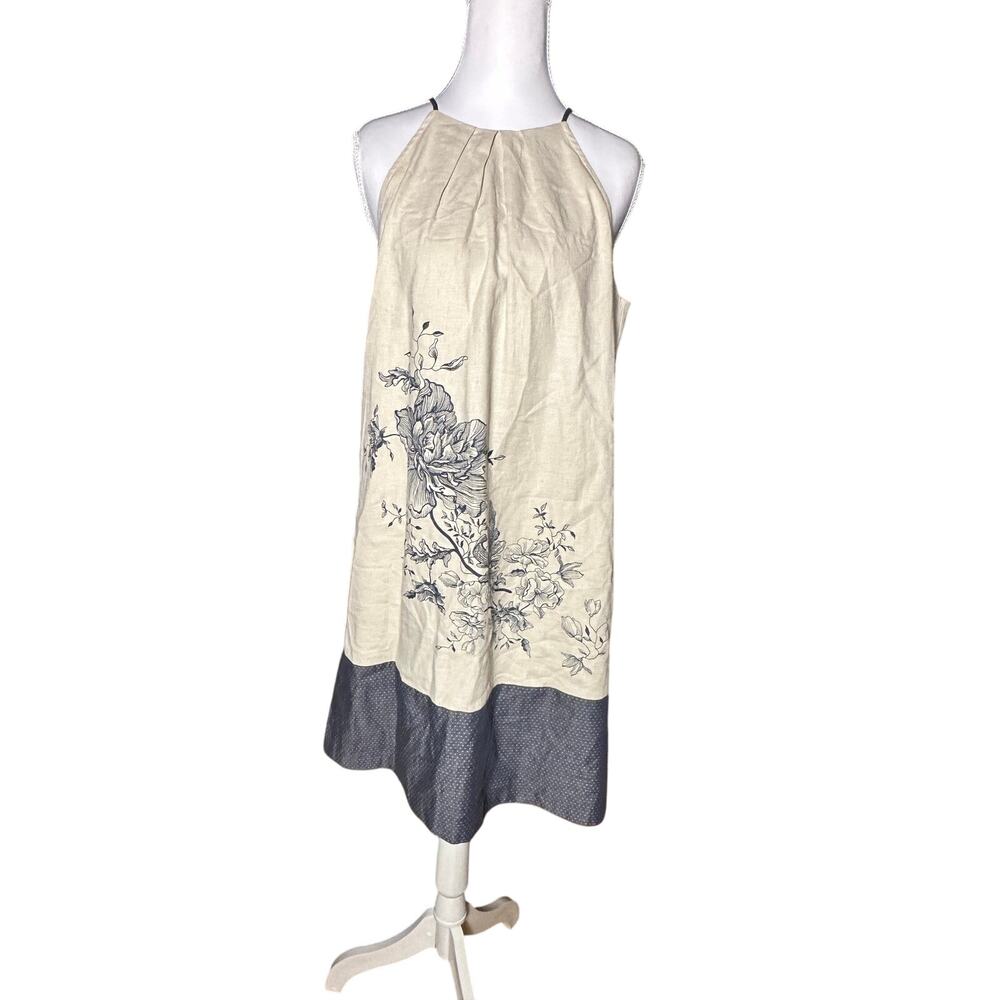 Loft 6 Cream Navy Floral Print Polka Dot Accent Halter Midi Sack  Dress